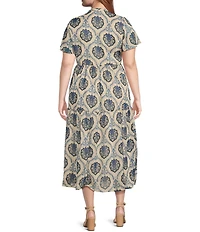 Dex Clothing Plus Size Medallion Printed Short Sleeve Midi Shirt Dress
