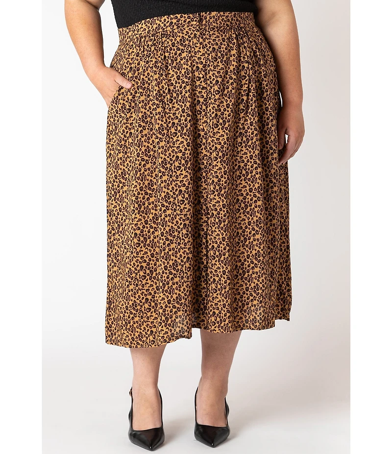 Dex Plus High Rise Leopard Print Button Front Midi Skirt