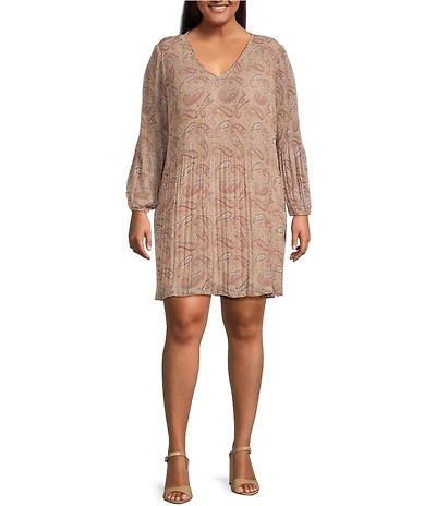 Dex Plus Paisley Printed Long Sleeve Pleated A-Line Dress