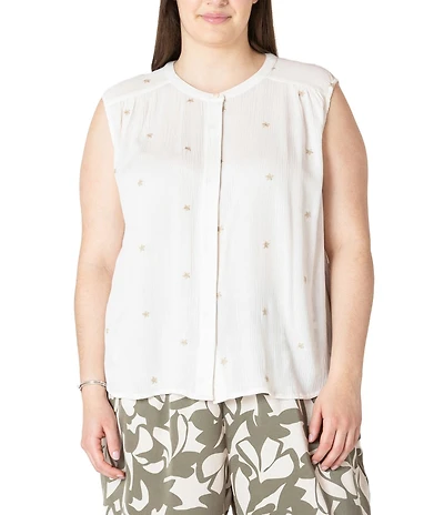 Dex Plus Sleeveless Button Front Embroidered Top