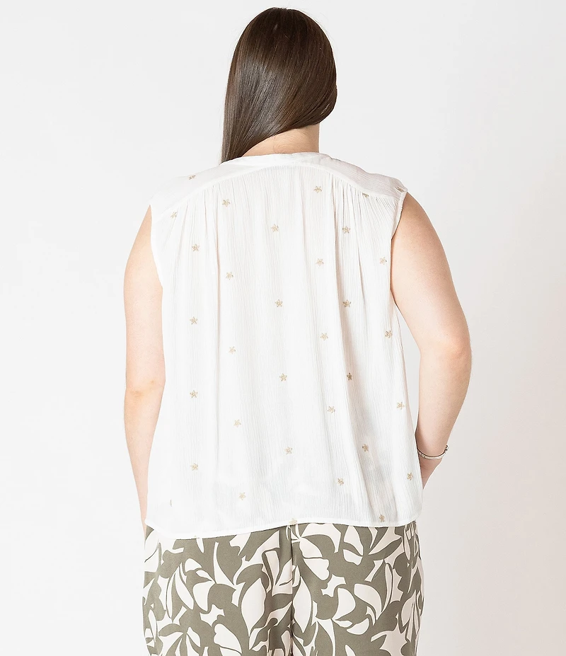 Dex Plus Sleeveless Button Front Embroidered Top