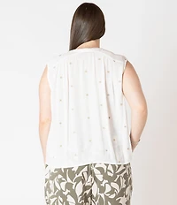Dex Plus Sleeveless Button Front Embroidered Top