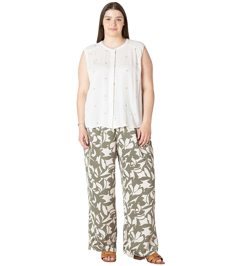 Dex Plus Sleeveless Button Front Embroidered Top