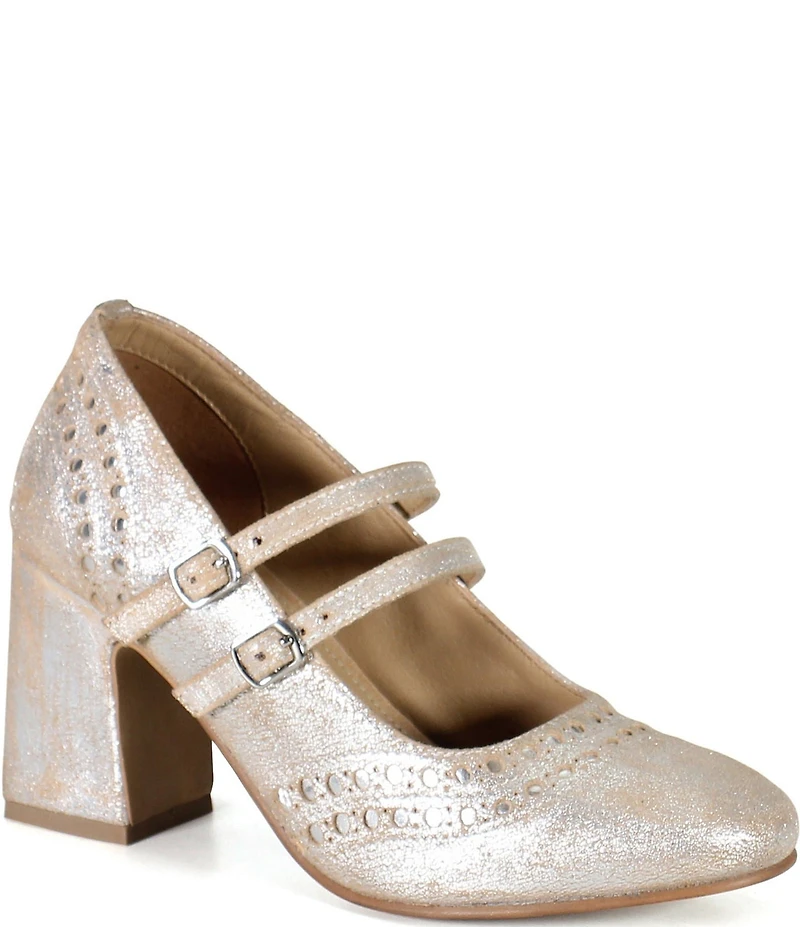 Diba True Jet Liner Distressed Metallic Leather Brogue Detail Mary Jane Pumps