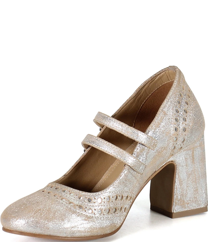 Diba True Jet Liner Distressed Metallic Leather Brogue Detail Mary Jane Pumps
