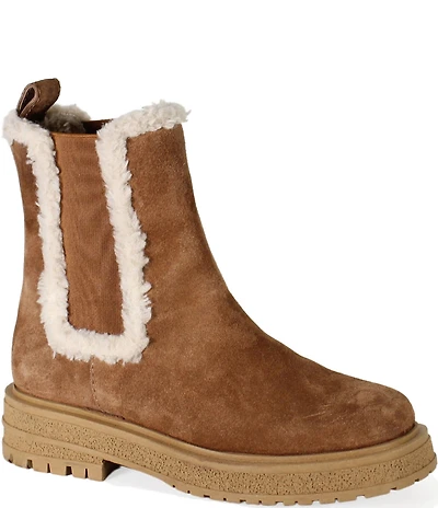 Diba True Tempra Ture Suede and Faux Shearling Lugged Platform Chelsea Booties