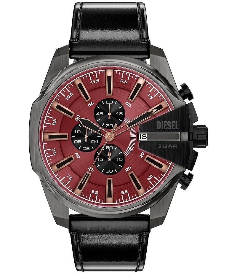 Diesel Men's Mega Chief Slim Chronograph Black Leather Strap Watch