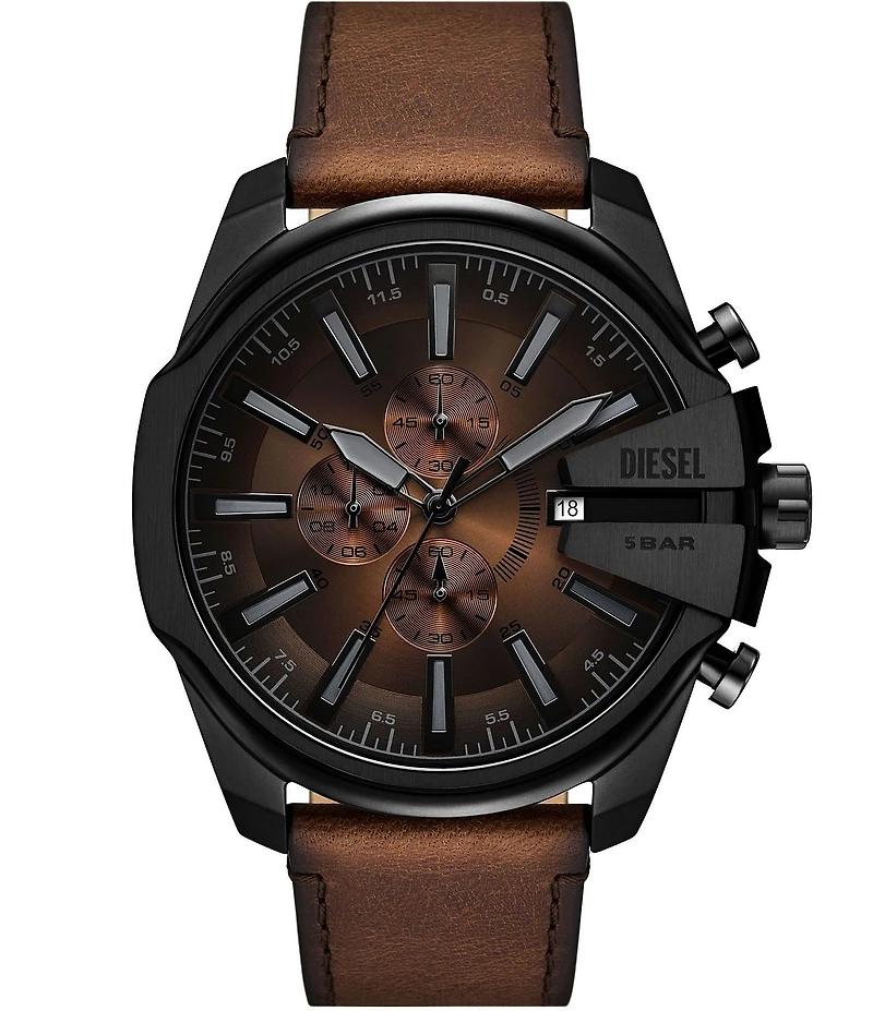 Diesel Men's Mega Chief Slim Chronograph Brown Leather Strap Watch