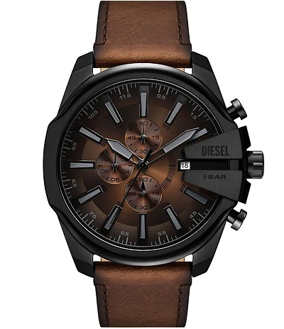 Diesel Men's Mega Chief Slim Chronograph Brown Leather Strap Watch