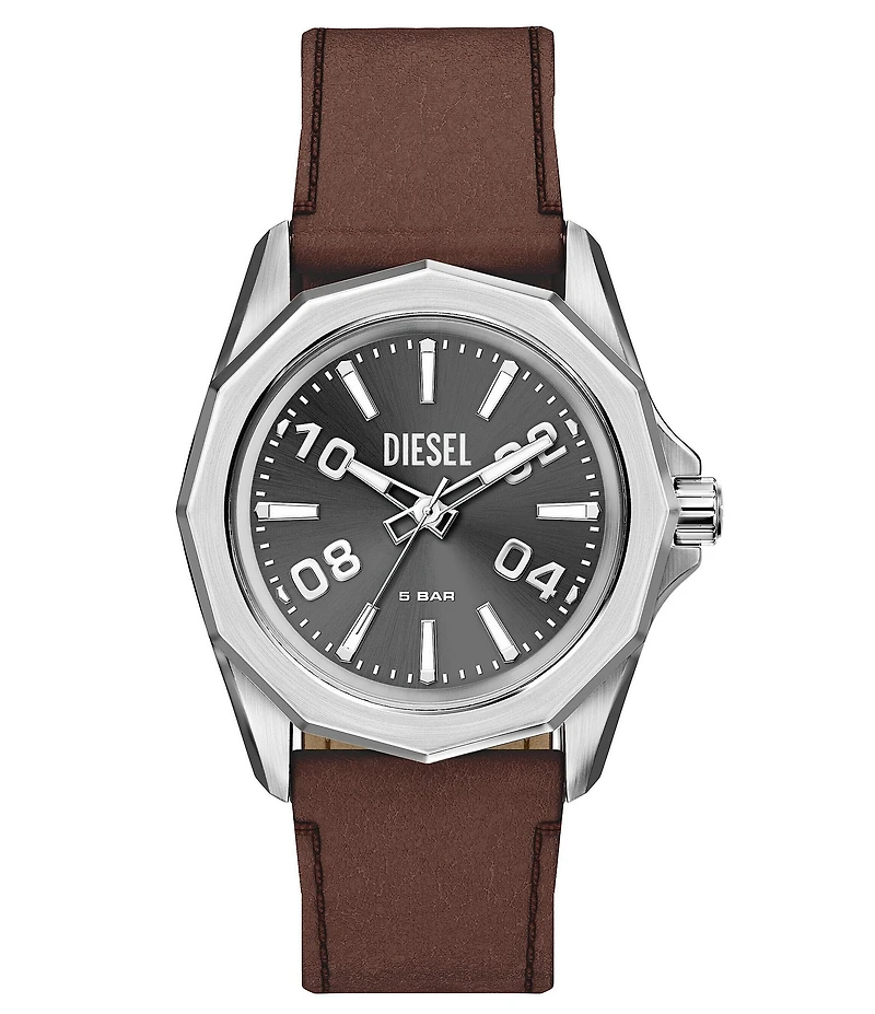 Diesel Men's Stinger Three-Hand Brown Leather Strap Watch