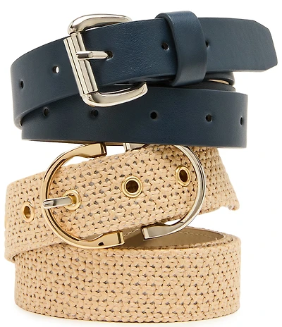 Dillard's Raffia & Midnight Blue Roller Buckle 2-for-1 Belt Set