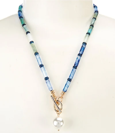 Dillard's Blue Multi Tube Bead Strand Pearl Drop Short Pendant Necklace
