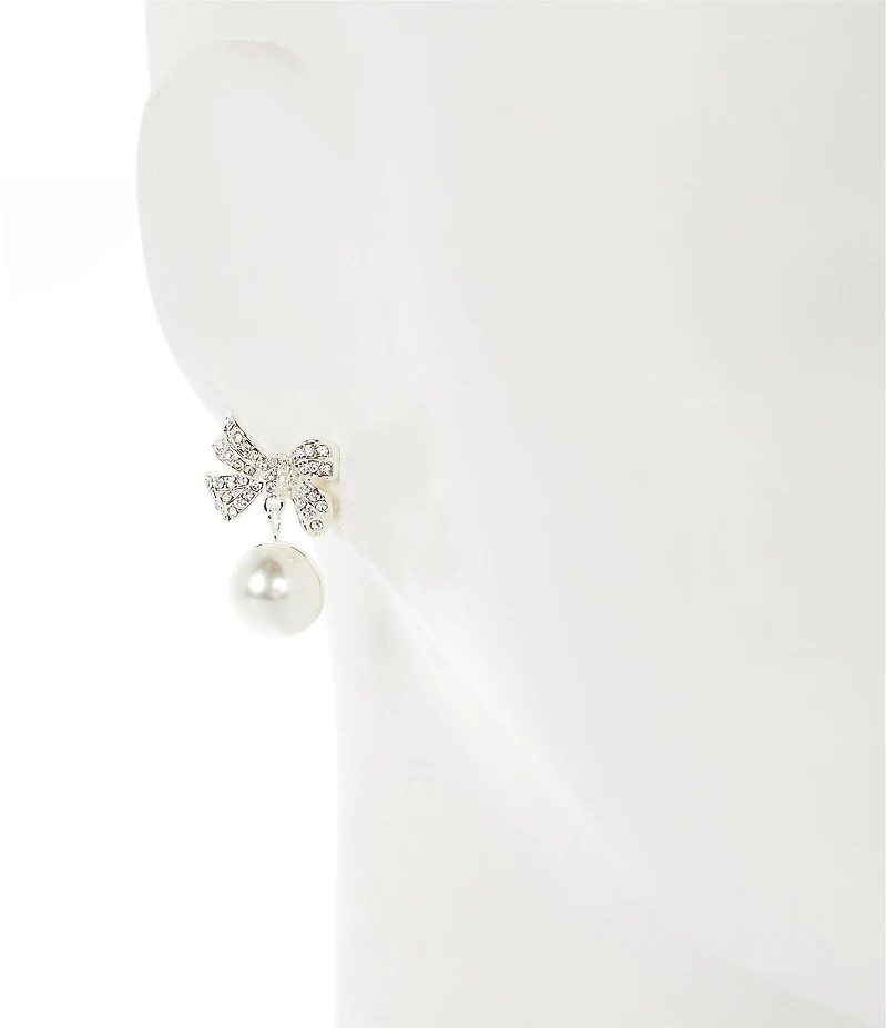 Dillard's Crystal Pave Metal Bow Pearl Cab Drop Earrings