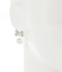 Dillard's Crystal Pave Metal Bow Pearl Cab Drop Earrings