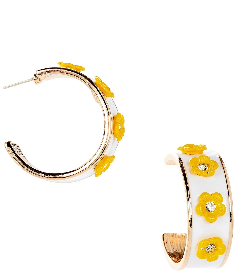 Dillard's Crystal Stone Yellow Flower White Enamel Hoop Earrings