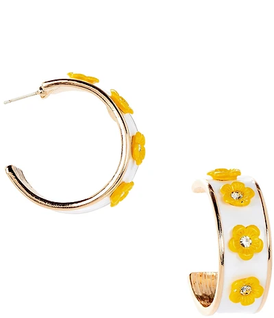 Dillard's Crystal Stone Yellow Flower White Enamel Hoop Earrings