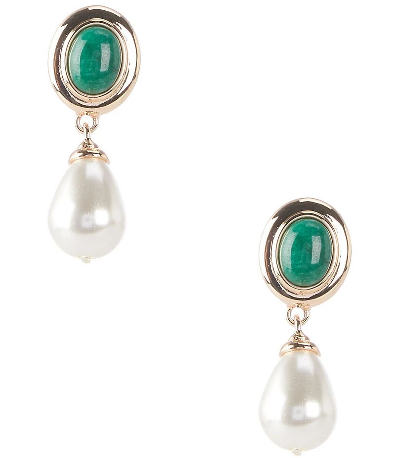 Dillard's Oval Green Stone Pearl Teardrop Drop Earrings