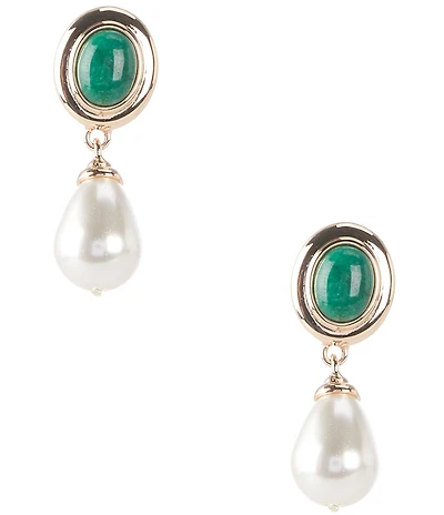 Dillard's Oval Green Stone Pearl Teardrop Drop Earrings