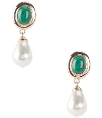 Dillard's Oval Green Stone Pearl Teardrop Drop Earrings