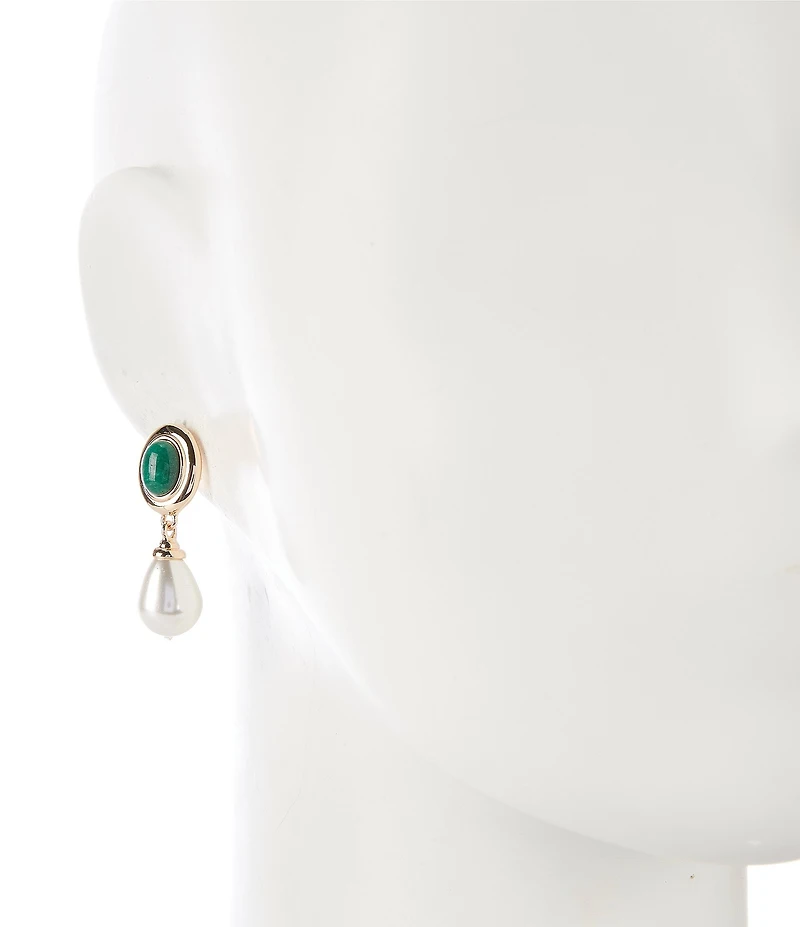 Dillard's Oval Green Stone Pearl Teardrop Drop Earrings