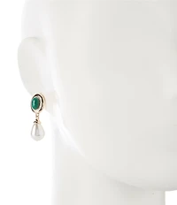 Dillard's Oval Green Stone Pearl Teardrop Drop Earrings