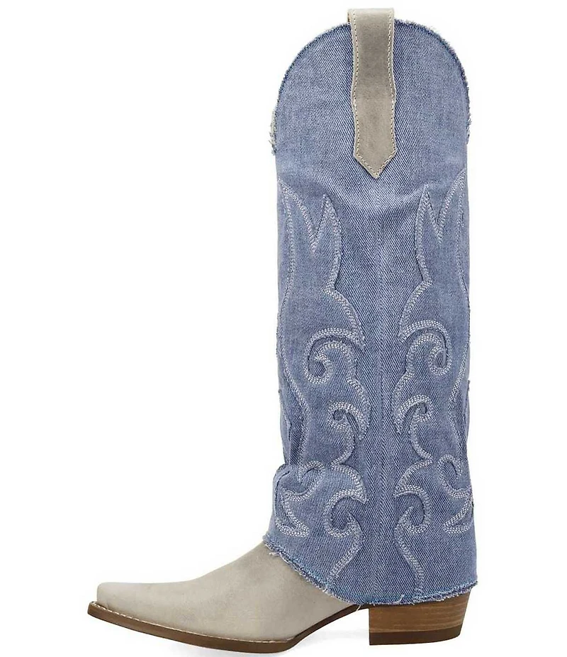 Dingo Blue Jean Baby Leather and Denim Cuffed Tall Western Boots