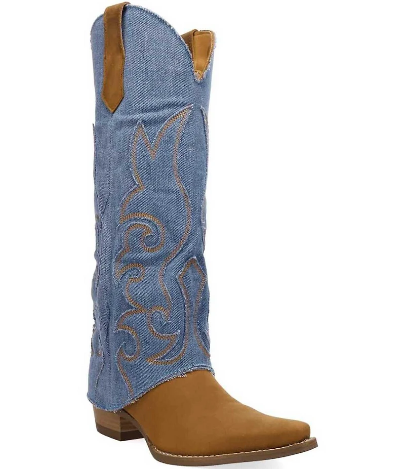 Dingo Blue Jean Baby Leather and Denim Cuffed Tall Western Boots