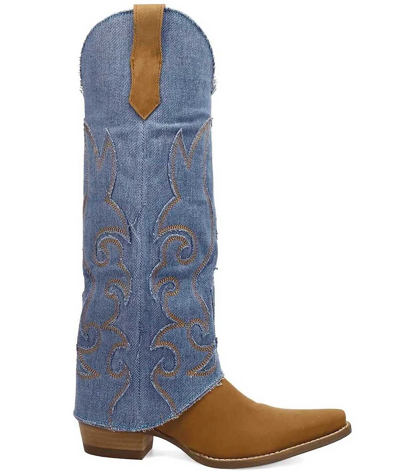 Dingo Blue Jean Baby Leather and Denim Cuffed Tall Western Boots