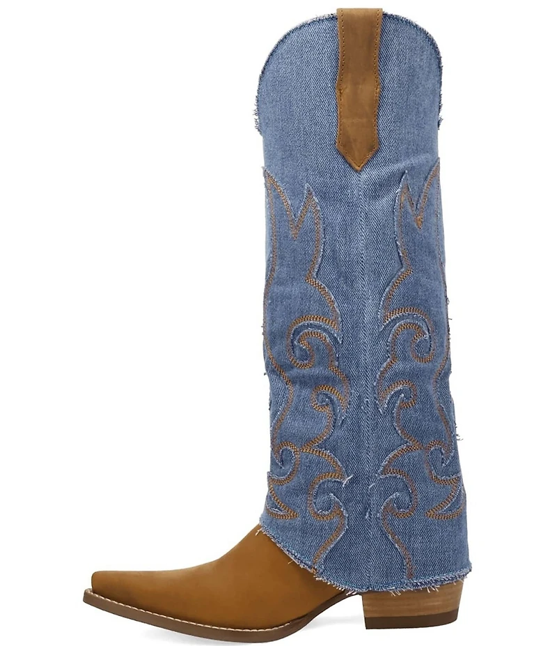 Dingo Blue Jean Baby Leather and Denim Cuffed Tall Western Boots