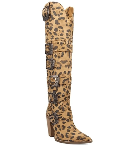 Dingo Bucked Off Leopard Print Suede Multi Buckled Straps Over-The-Knee Western Boots