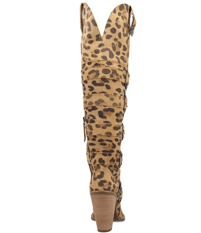Dingo Bucked Off Leopard Print Suede Multi Buckled Straps Over-The-Knee Western Boots