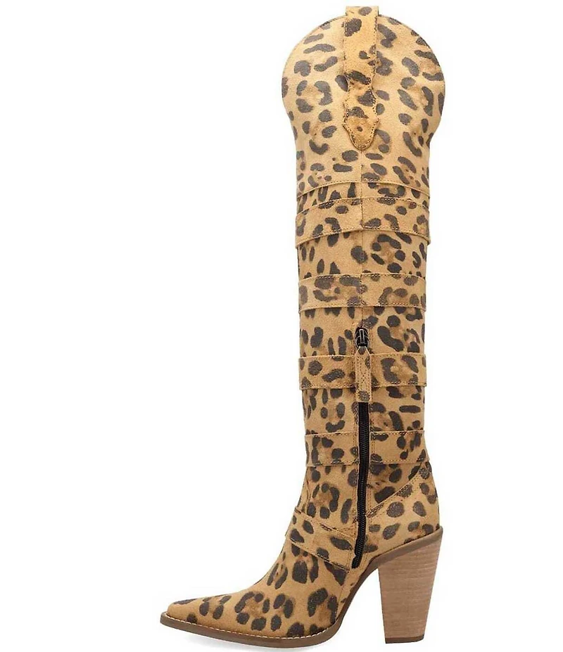 Dingo Bucked Off Leopard Print Suede Multi Buckled Straps Over-The-Knee Western Boots