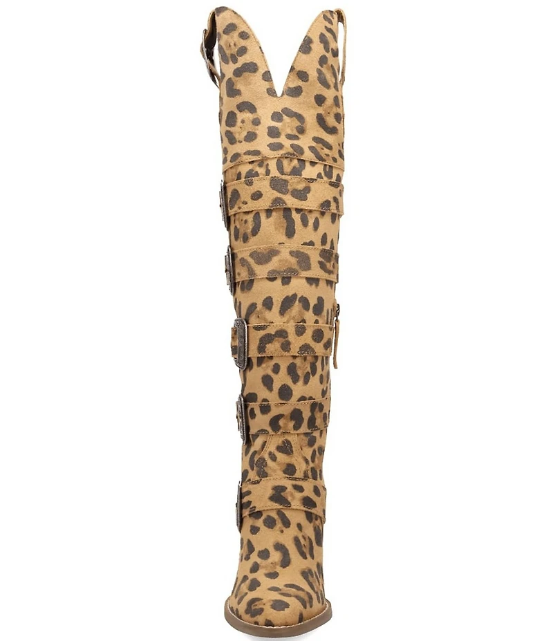 Dingo Bucked Off Leopard Print Suede Multi Buckled Straps Over-The-Knee Western Boots