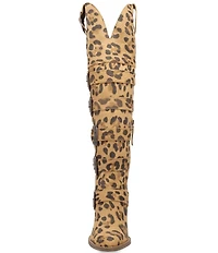 Dingo Bucked Off Leopard Print Suede Multi Buckled Straps Over-The-Knee Western Boots