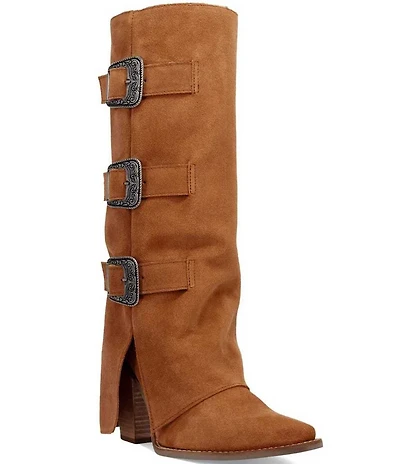Dingo Buckle Bunny Suede Cuffed Buckle Hardware Knee High Western Boots