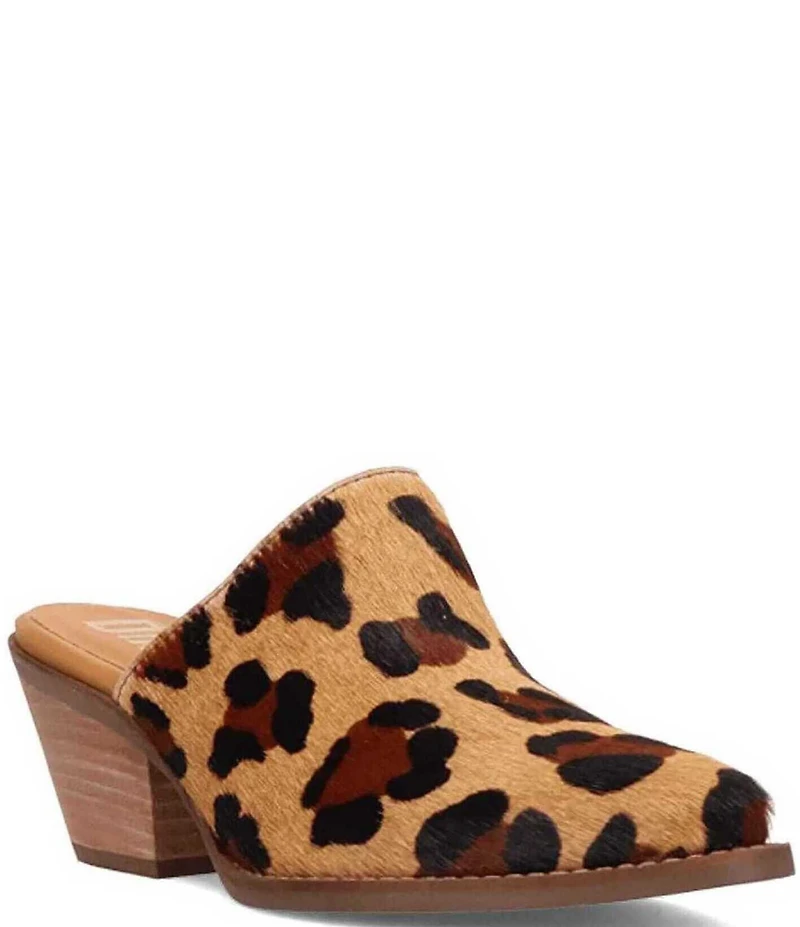 Dingo Calico Leopard Print Calf Hair Mules