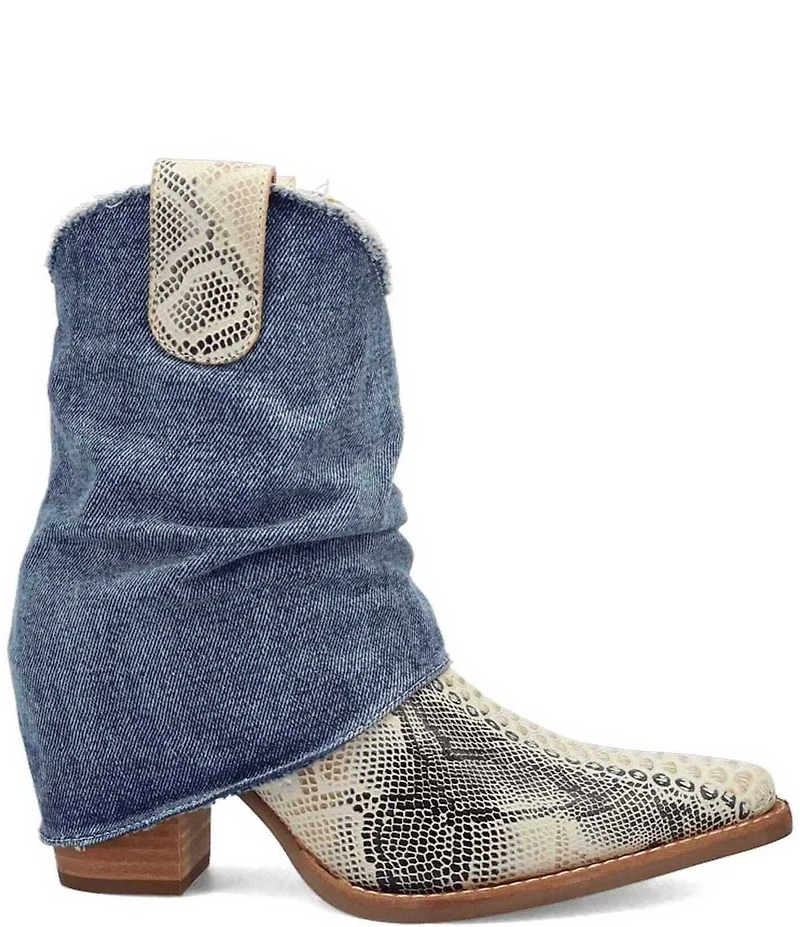 Dingo Denim Dream Snake Print Leather Denim Cuff Western Booties