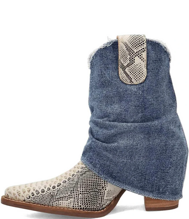 Dingo Denim Dream Snake Print Leather Denim Cuff Western Booties