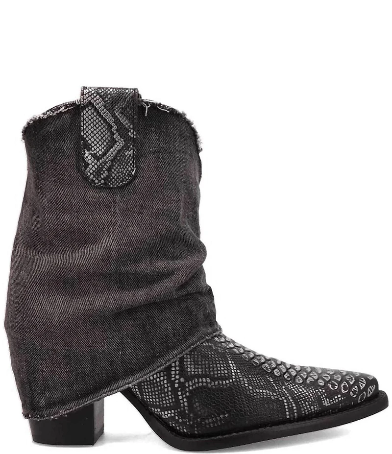 Dingo Denim Dream Snake Print Leather Denim Cuff Western Booties