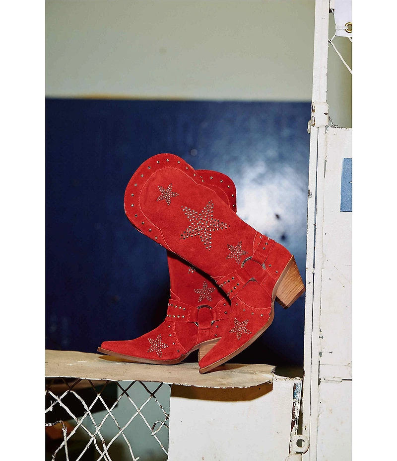 Dingo Lucky Stars Suede Metallic Studded O-Ring Hardware Tall Western Boots