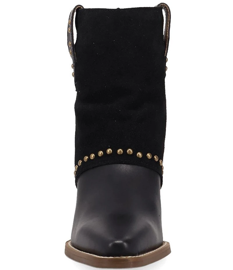 Dingo Off The Cuff Leather Studded Suede Cuffed Shaft Western Booties