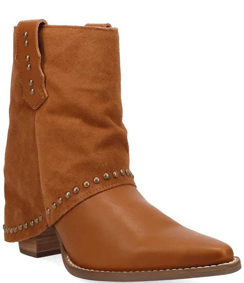 Dingo Off The Cuff Leather Studded Suede Cuffed Shaft Western Booties