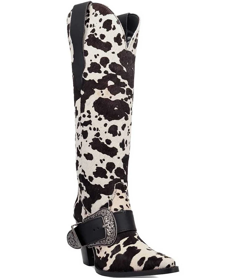 Dingo Spur Crazy Cow Print Calf Hair Buckle Hardware Over The Knee Western Boots