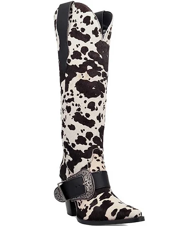 Dingo Spur Crazy Cow Print Calf Hair Buckle Hardware Over The Knee Western Boots