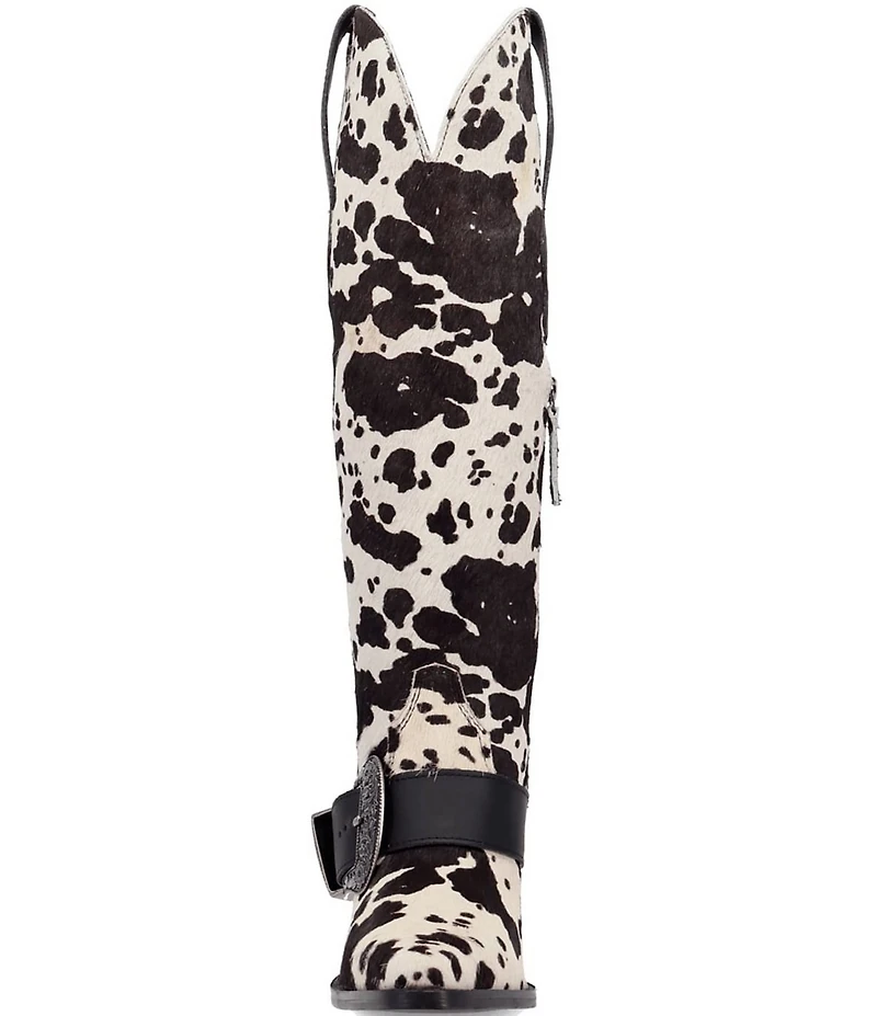 Dingo Spur Crazy Cow Print Calf Hair Buckle Hardware Over The Knee Western Boots