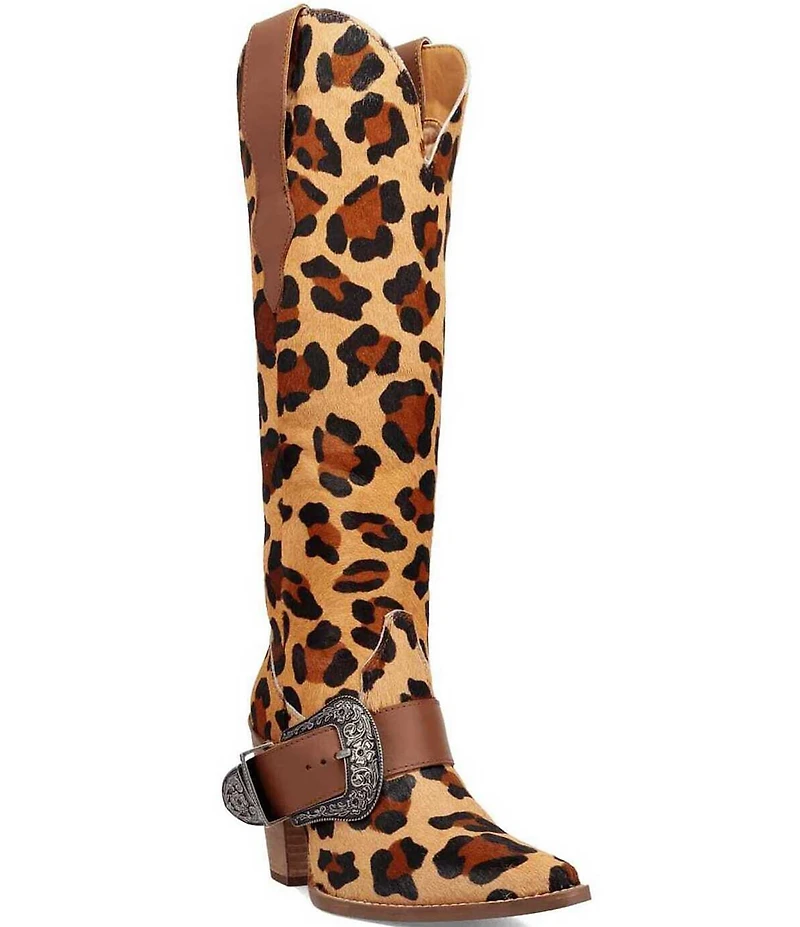 Dingo Spur Crazy Leopard Print Calf Hair Buckle Hardware Over The Knee Western Boots