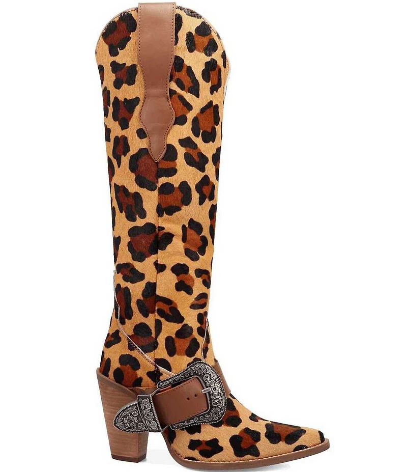 Dingo Spur Crazy Leopard Print Calf Hair Buckle Hardware Over The Knee Western Boots
