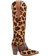 Dingo Spur Crazy Leopard Print Calf Hair Buckle Hardware Over The Knee Western Boots