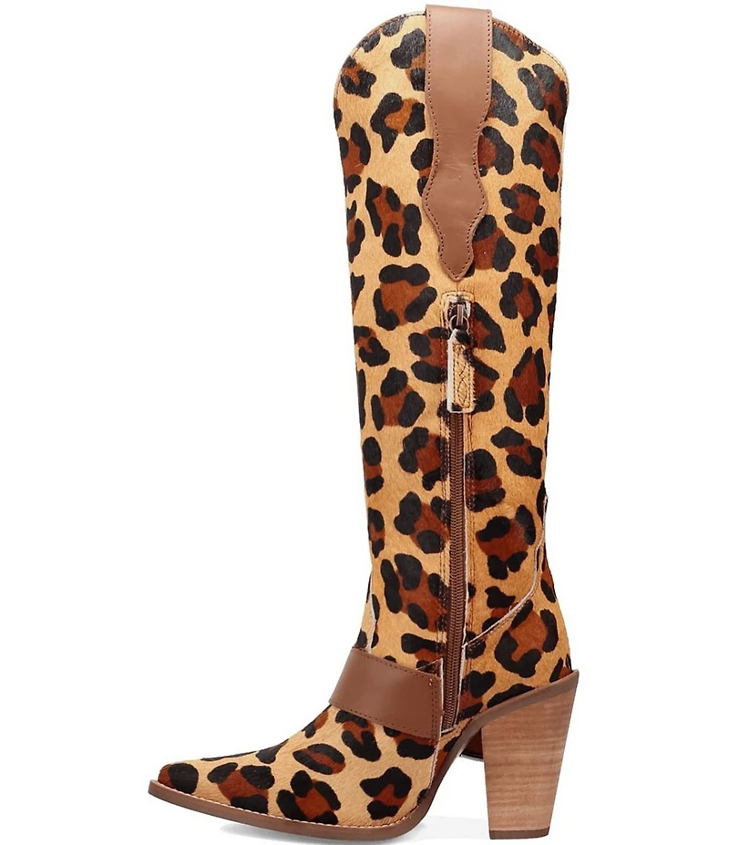 Dingo Spur Crazy Leopard Print Calf Hair Buckle Hardware Over The Knee Western Boots