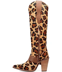 Dingo Spur Crazy Leopard Print Calf Hair Buckle Hardware Over The Knee Western Boots